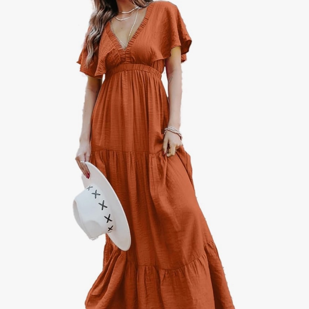 Fall Dress: Elegant Rust/Burnt Orange Maxi Dress Sz M